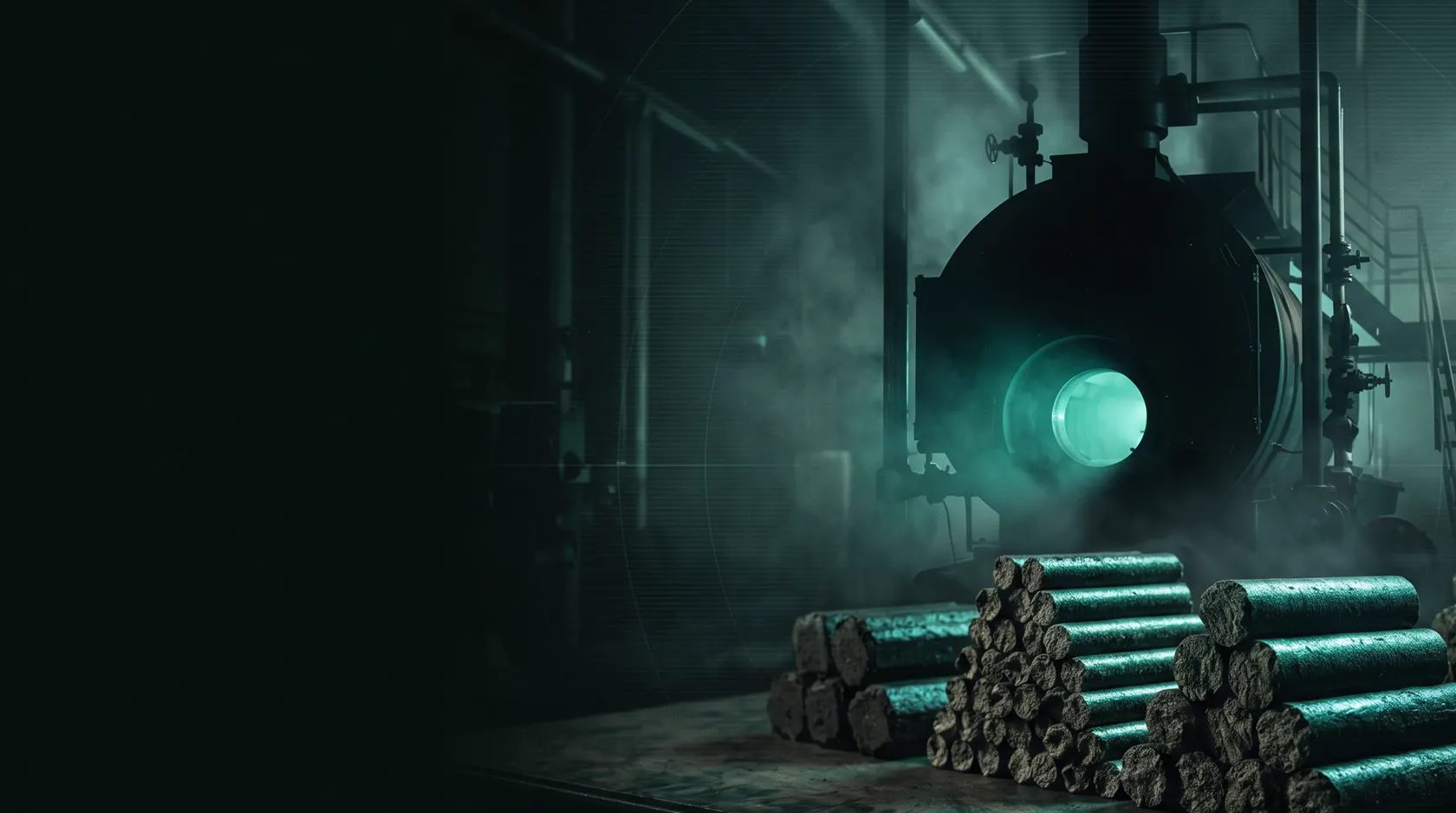 Biomass briquettes beside an industrial boiler