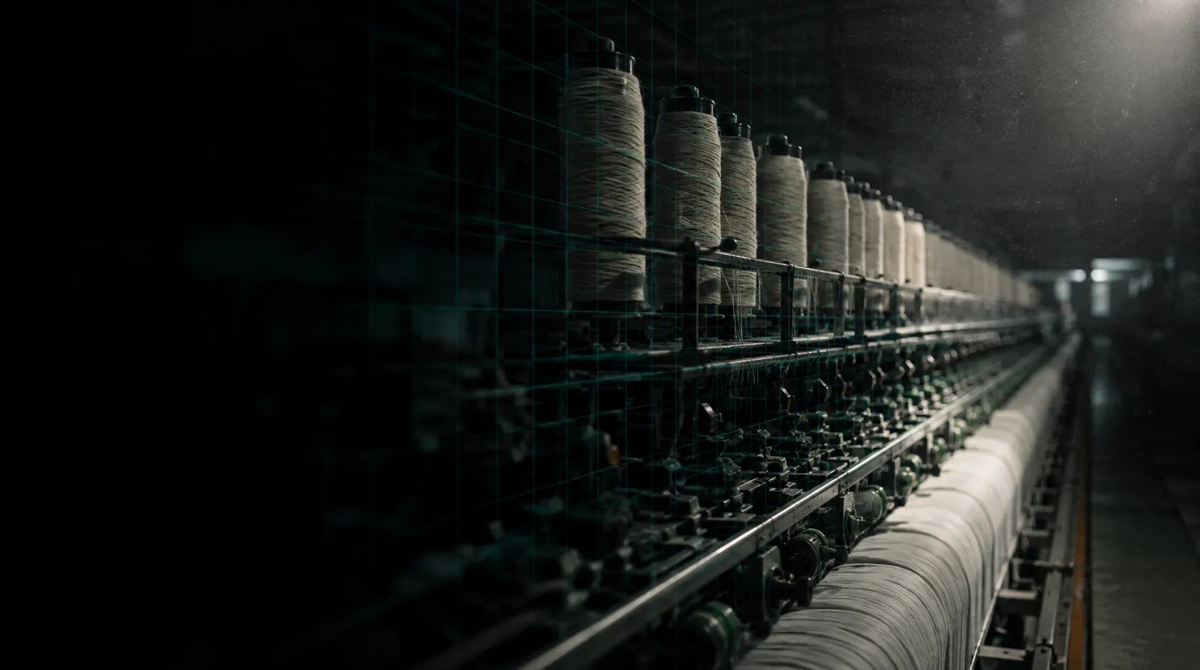 Yarn and fabric on a spinning frame in a textile mill